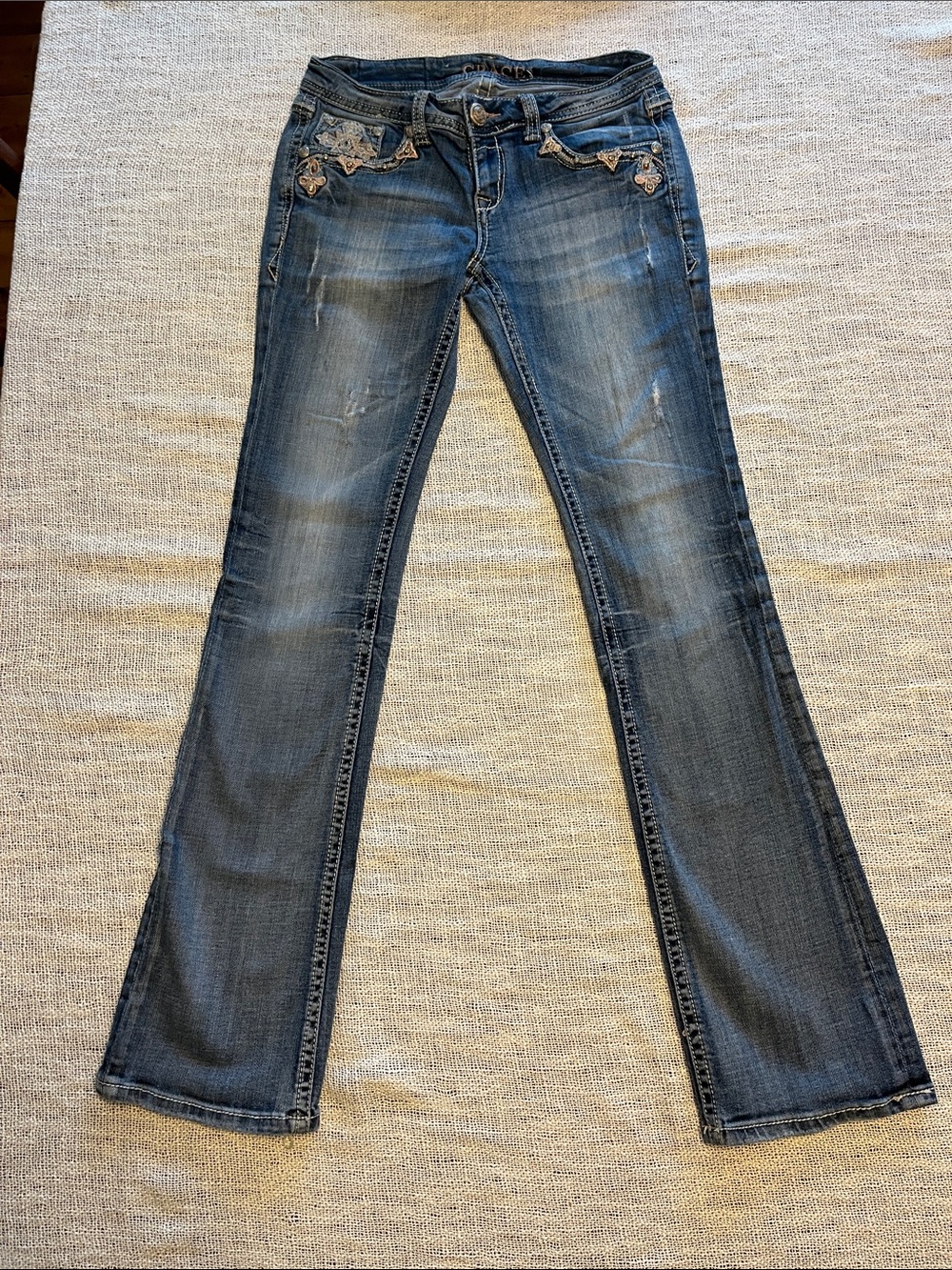 Grace in LA Dark Blue Embroidered Flared Jeans